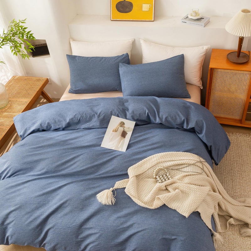 ECOCOTT Denim Blue Duvet Cover King Size, 100% Washed Cotton 1 Duvet Cover with Zipper and 2 Pillowcases, Ultra Soft and Easy Care Breathable Cozy Bedding Set (Denim Blue, King) - Image 3